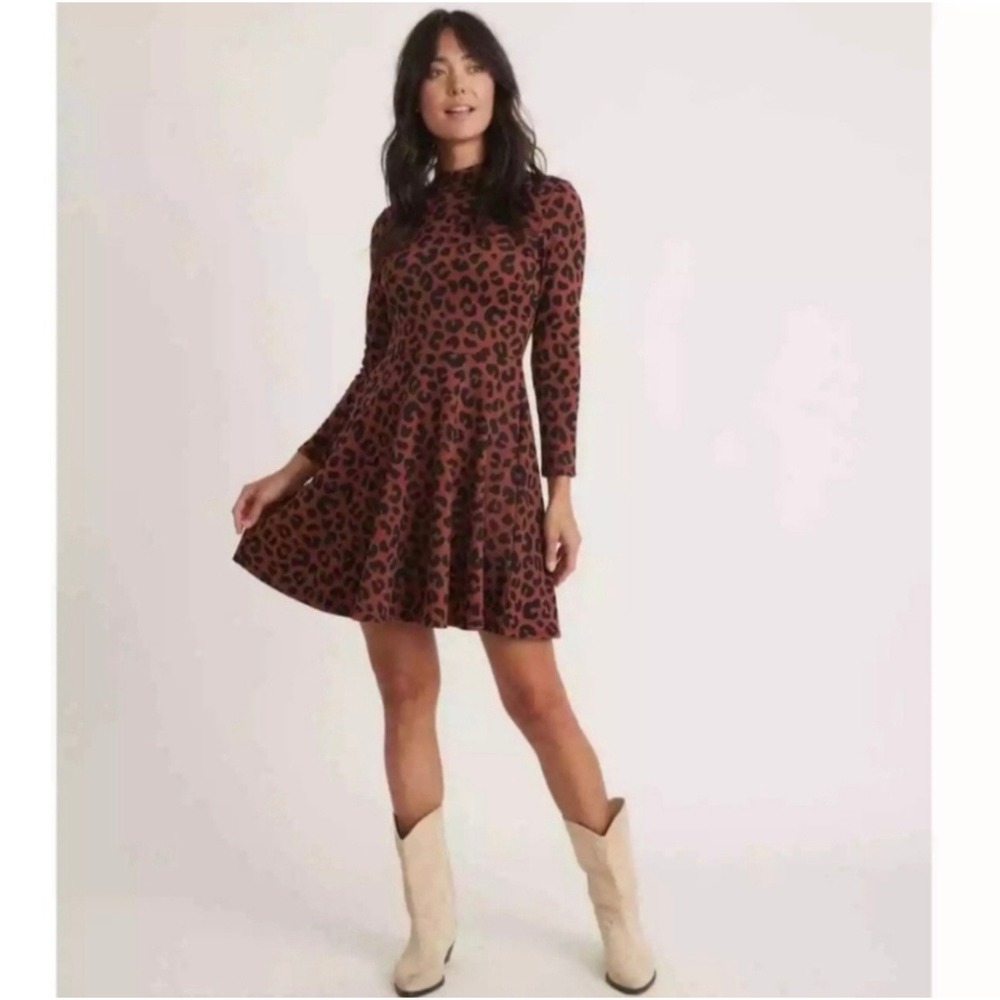 Marine Layer Tyra Mock Neck Mini Dress Cheetah Animal Print Brown Black M